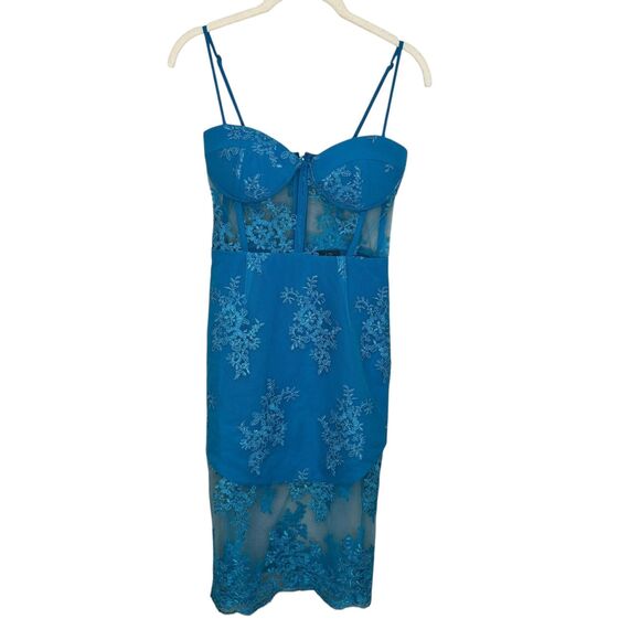 NBD Dress Womens XS Blue Lace Mesh Sheer Floral Embroidered Bustier Midi Strappy - Picture 1 of 9